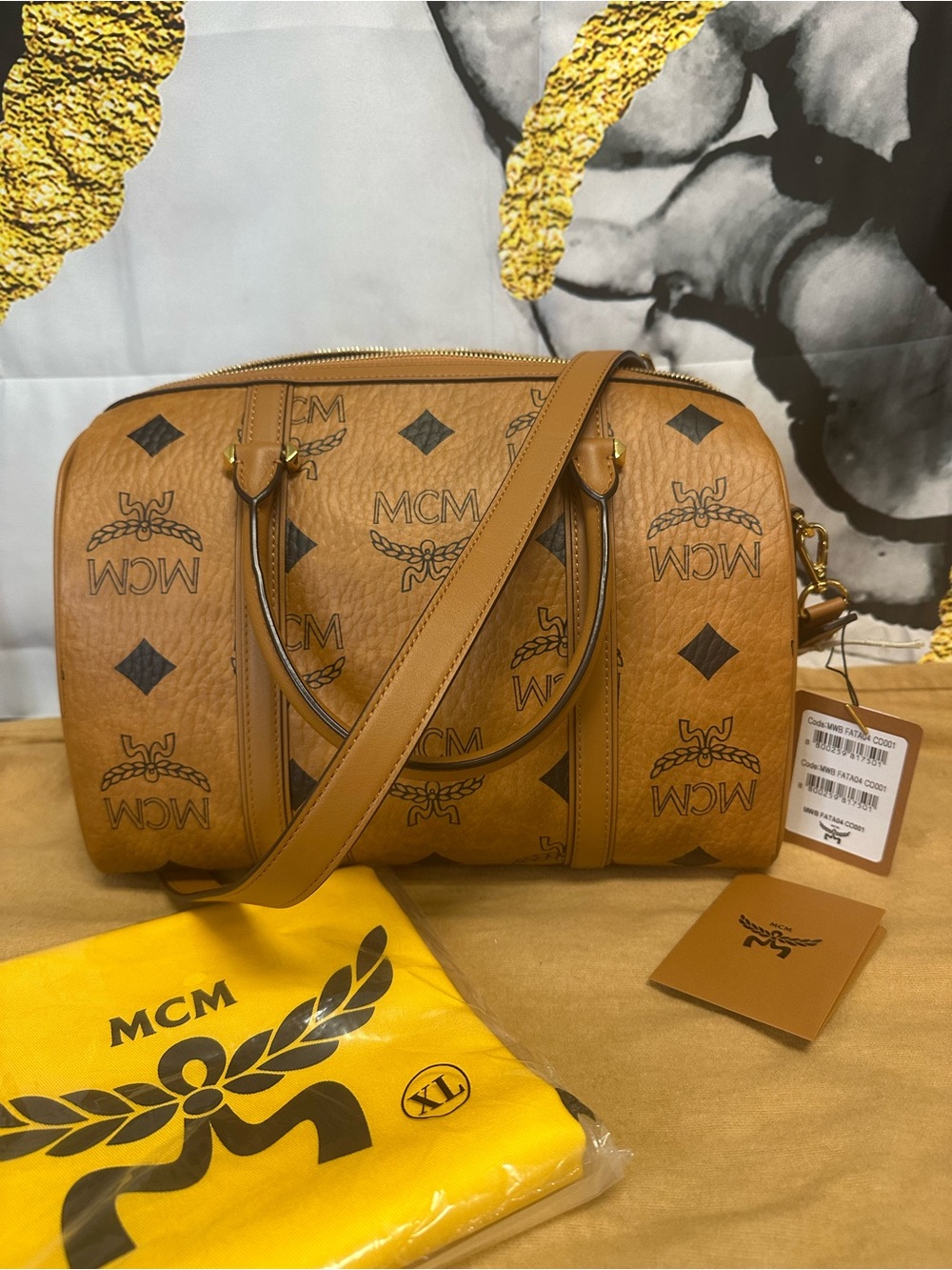 MCM Visetos Cognac Boston Bag - Cognac Leather Crossbody NWT Medium Size